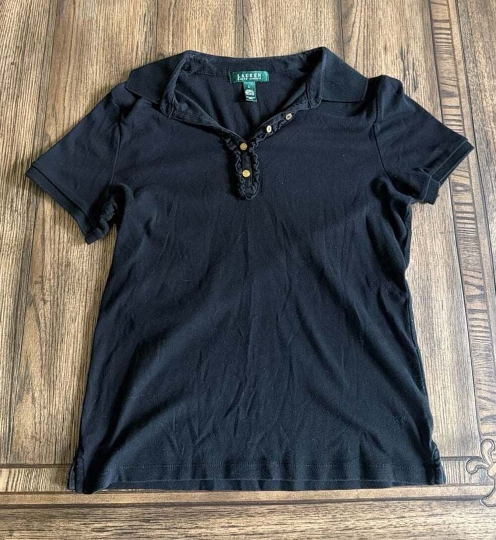 Lauren Ralph Lauren Black Ruffle Placket Short Sleeve Polo Shirt Size L